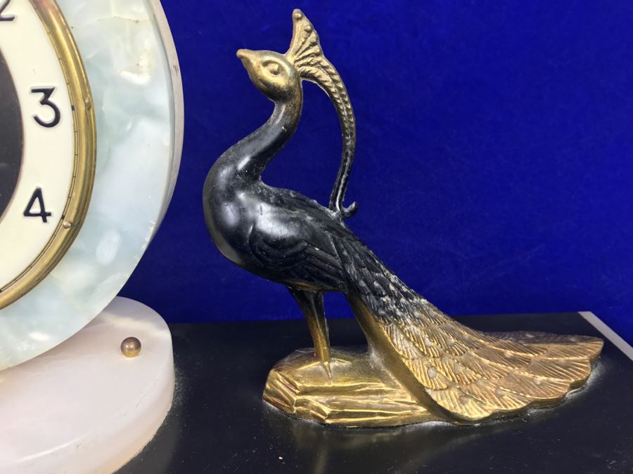 Vintage Art Deco Marble Mantle Clock With Pair Of Brass Peacocks - Note Repair To Marble Base In Photos [Photo 10]