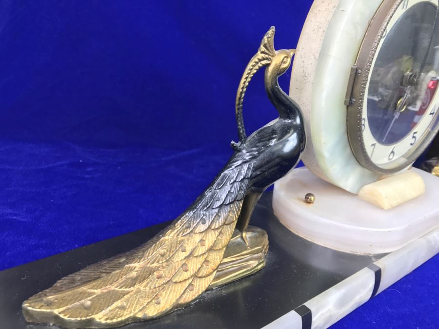 Vintage Art Deco Marble Mantle Clock With Pair Of Brass Peacocks - Note Repair To Marble Base In Photos [Photo 13]