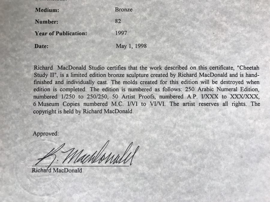Richard D. MacDonald 1998 Limited Edition Bronze Sculpture 'Cheetah Study II' 5 1/2' X 5 3/4' X 4' 82 Of 250 With COA Estimate $450 [Photo 28]