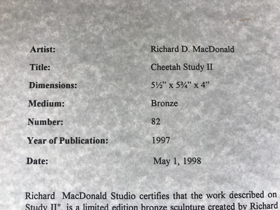 Richard D. MacDonald 1998 Limited Edition Bronze Sculpture 'Cheetah Study II' 5 1/2' X 5 3/4' X 4' 82 Of 250 With COA Estimate $450 [Photo 29]