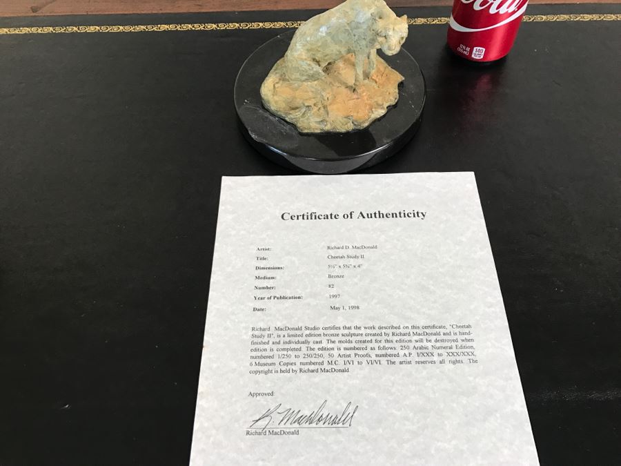 Richard D. MacDonald 1998 Limited Edition Bronze Sculpture 'Cheetah Study II' 5 1/2' X 5 3/4' X 4' 82 Of 250 With COA Estimate $450 [Photo 25]