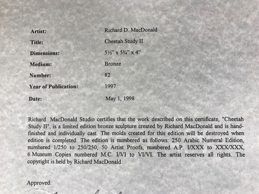 Richard D. MacDonald 1998 Limited Edition Bronze Sculpture 'Cheetah Study II' 5 1/2' X 5 3/4' X 4' 82 Of 250 With COA Estimate $450 [Photo 26]