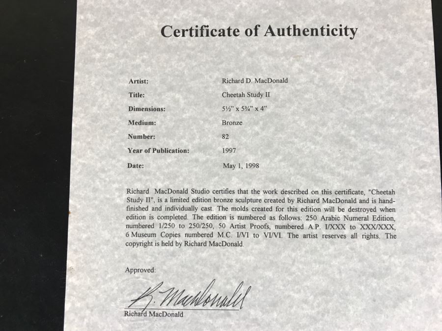 Richard D. MacDonald 1998 Limited Edition Bronze Sculpture 'Cheetah Study II' 5 1/2' X 5 3/4' X 4' 82 Of 250 With COA Estimate $450 [Photo 2]