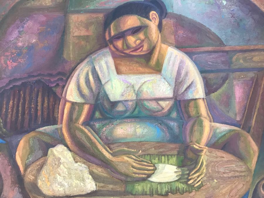 1967 Original Oil Painting On Canvas By Manuel Varrona Titled 'Tortillera' Exhibited In Paris, France At The International Festival Of The Painting 44' X 34' Estimate $1,500 [Photo 4]