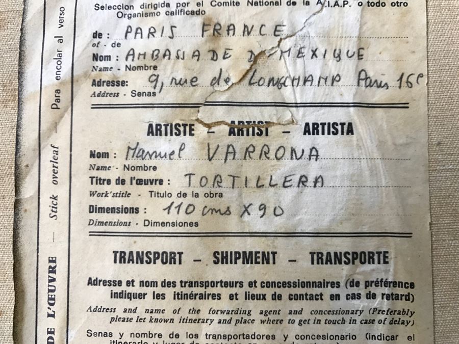 1967 Original Oil Painting On Canvas By Manuel Varrona Titled 'Tortillera' Exhibited In Paris, France At The International Festival Of The Painting 44' X 34' Estimate $1,500 [Photo 22]