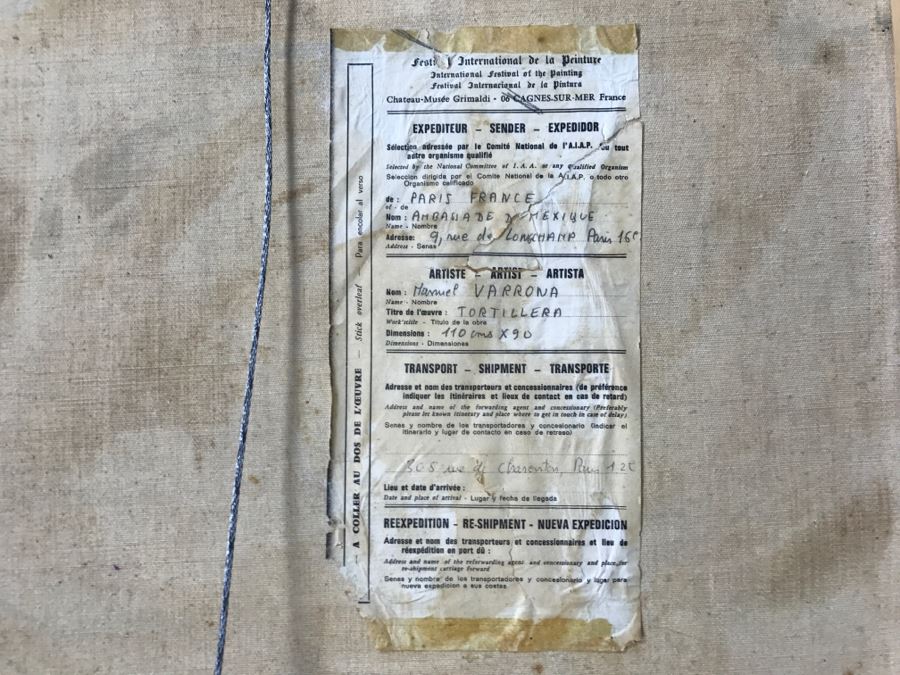 1967 Original Oil Painting On Canvas By Manuel Varrona Titled 'Tortillera' Exhibited In Paris, France At The International Festival Of The Painting 44' X 34' Estimate $1,500 [Photo 18]