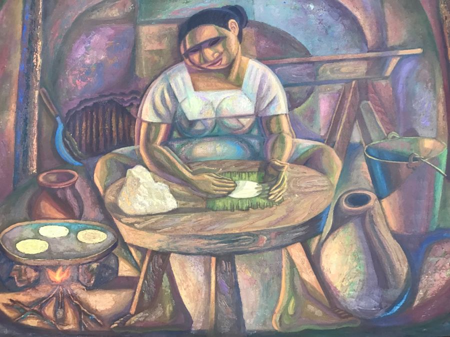 1967 Original Oil Painting On Canvas By Manuel Varrona Titled 'Tortillera' Exhibited In Paris, France At The International Festival Of The Painting 44' X 34' Estimate $1,500 [Photo 12]