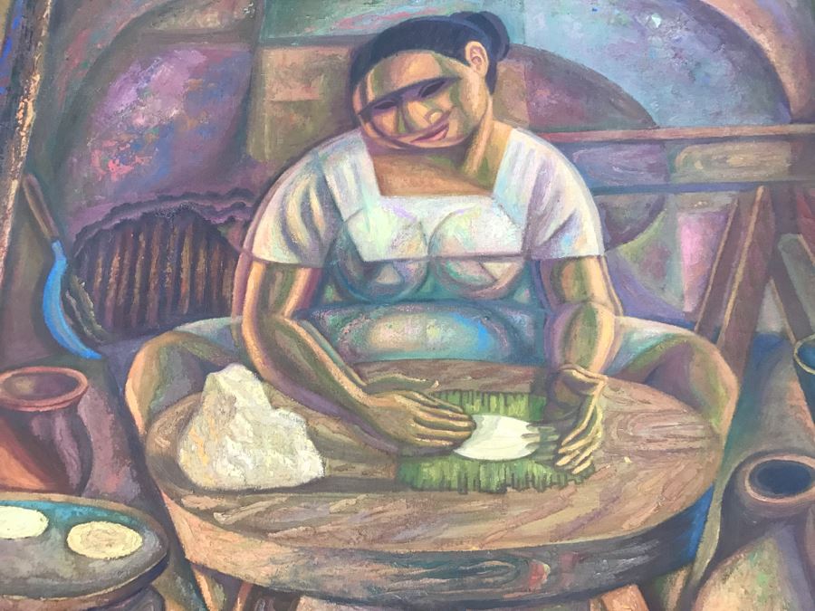 1967 Original Oil Painting On Canvas By Manuel Varrona Titled 'Tortillera' Exhibited In Paris, France At The International Festival Of The Painting 44' X 34' Estimate $1,500 [Photo 10]