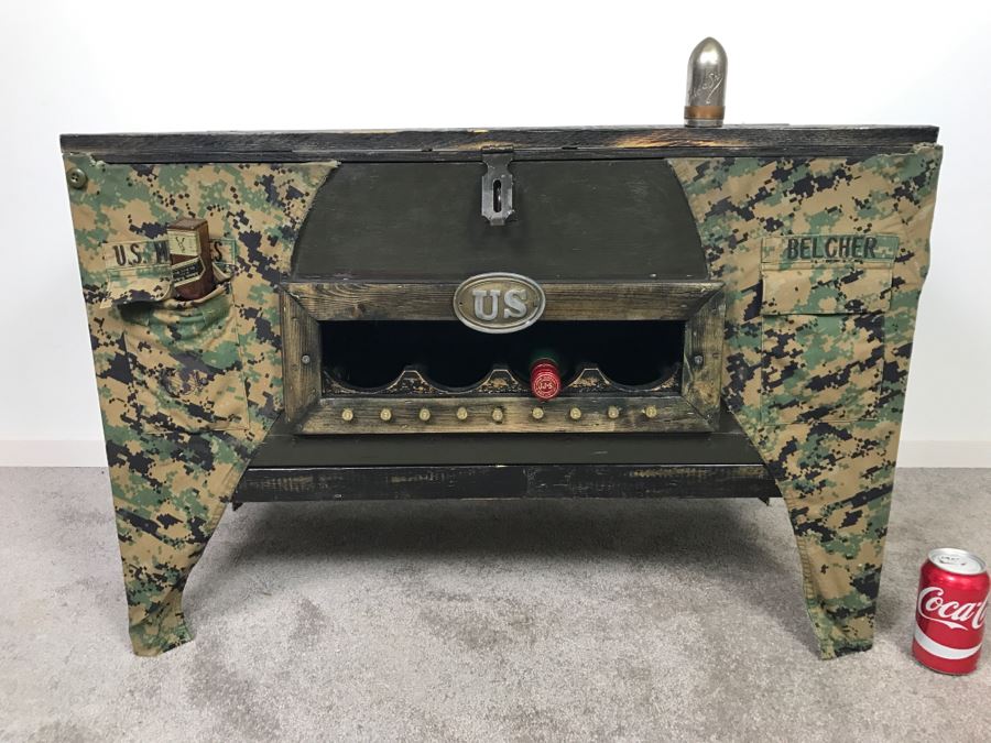 Very Cool Folk Art Military Themed Bar Wine Storage Locker With Trench Art 'Take A Shot' Bullet Shot Glasses Plus Bottle Openers - See All Photos