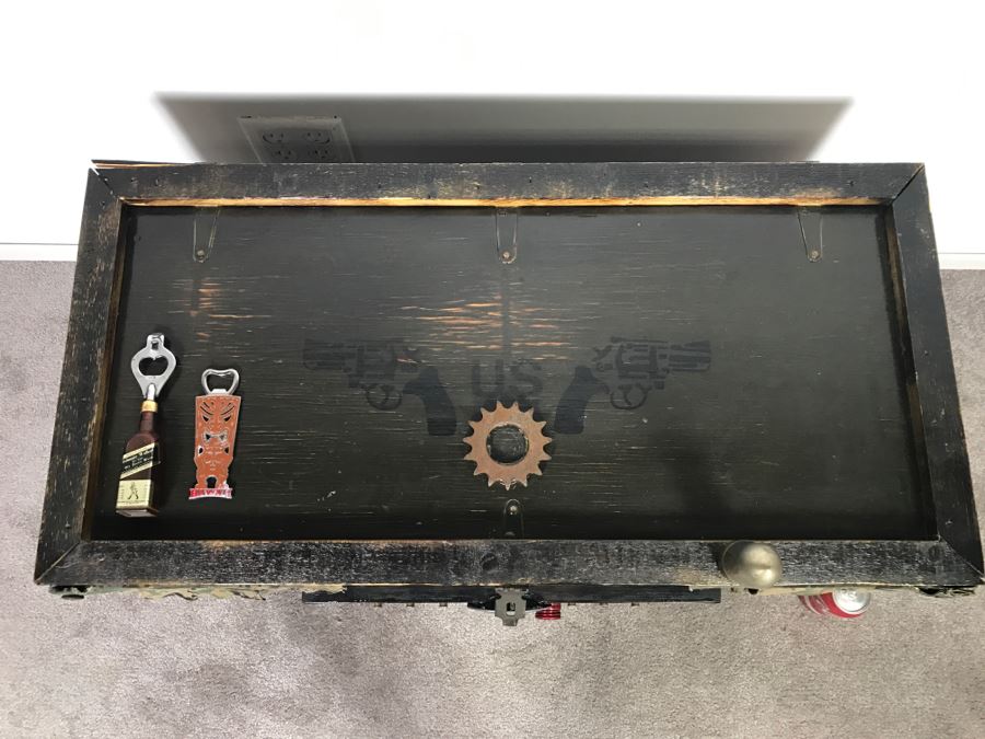 Very Cool Folk Art Military Themed Bar Wine Storage Locker With Trench Art 'Take A Shot' Bullet Shot Glasses Plus Bottle Openers - See All Photos [Photo 3]