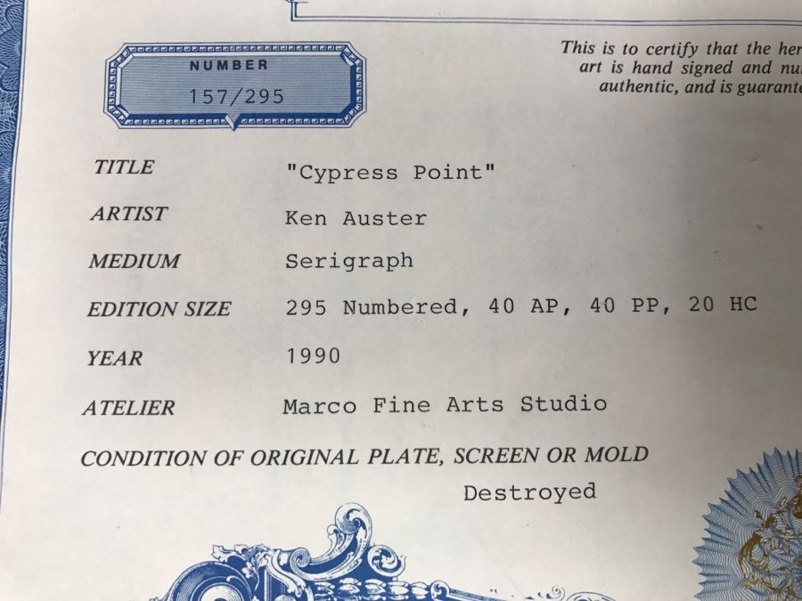 Ken Auster Serigraph Titled 'Cypress Point' 1990 Hand Signed By Artist 153 Of 295 With COA [Photo 20]