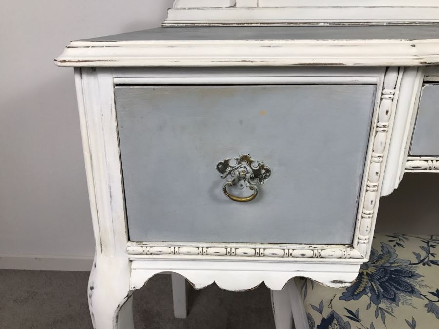Vintage Shabby Chic French Provincial Vanity Desk Mahogany And Walnut By Mount Airy Furniture Co, NC With Bench [Photo 7]