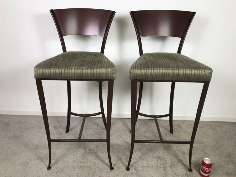 Pair Of Stylish Metal Bar Height Bar Stools - Seats Needs New Upholstery [Photo 3]