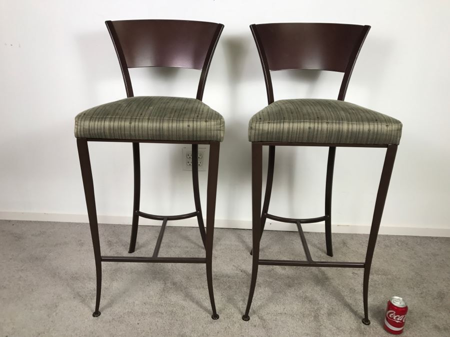 Pair Of Stylish Metal Bar Height Bar Stools - Seats Needs New Upholstery [Photo 2]