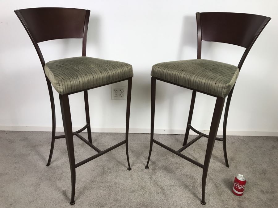 Pair Of Stylish Metal Bar Height Bar Stools - Seats Needs New Upholstery [Photo 7]