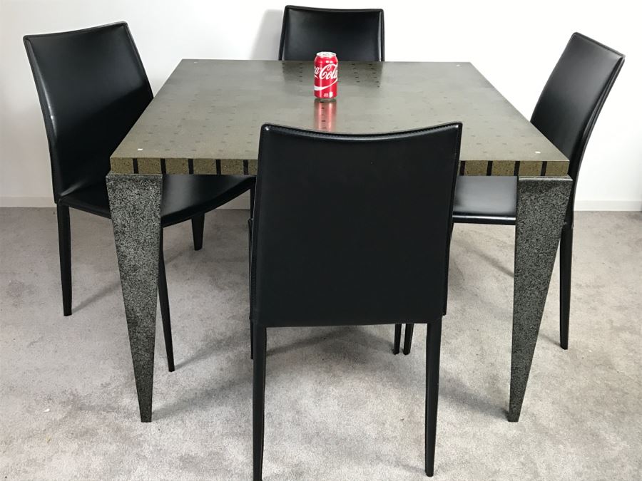 High End Lava Game Table With Four Elegant Black Leather Wrapped Chairs