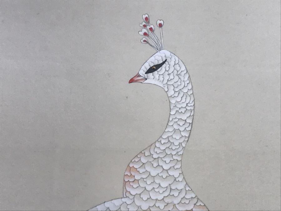 Stunning Original Asian Painting Of Albino Peacock Nicely Framed And Matted [Photo 4]