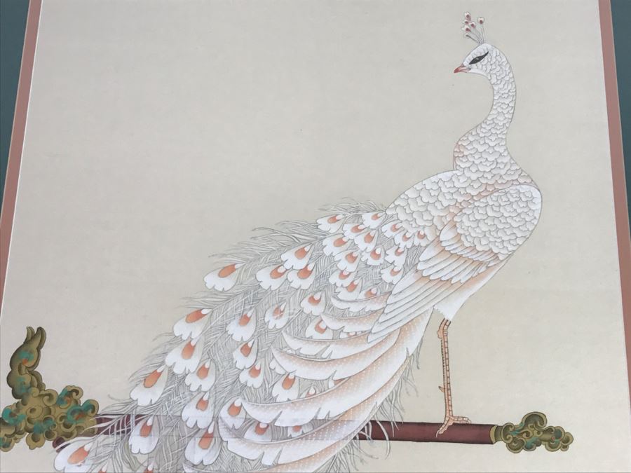 Stunning Original Asian Painting Of Albino Peacock Nicely Framed And Matted [Photo 3]
