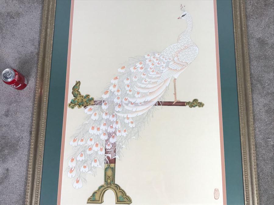 Stunning Original Asian Painting Of Albino Peacock Nicely Framed And Matted