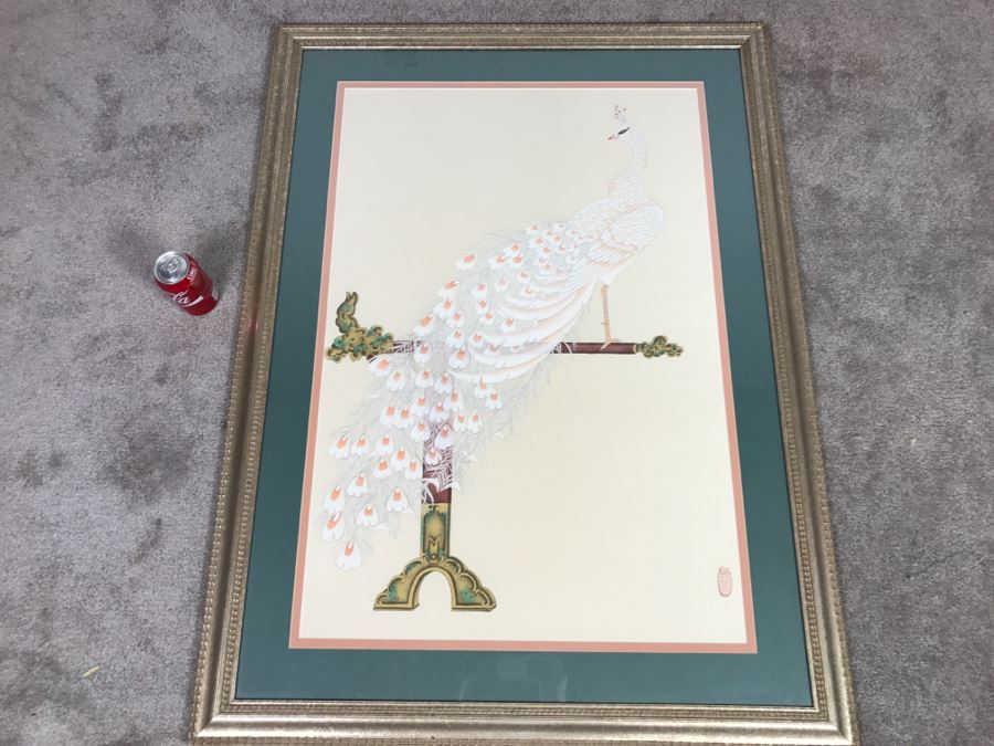 Stunning Original Asian Painting Of Albino Peacock Nicely Framed And Matted [Photo 2]