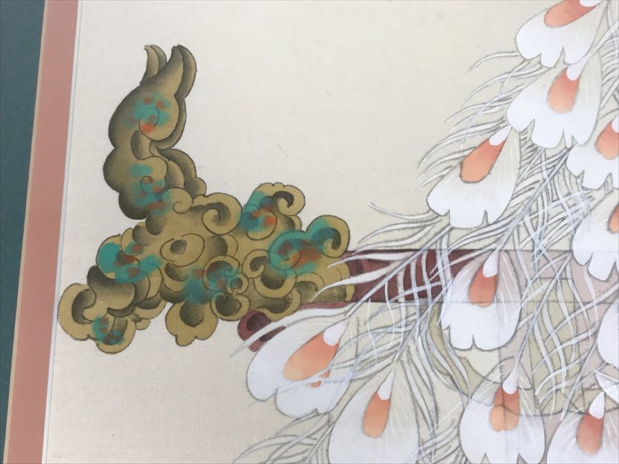 Stunning Original Asian Painting Of Albino Peacock Nicely Framed And Matted [Photo 7]