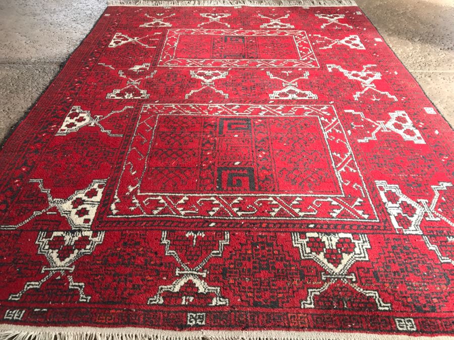 Vintage Hand Knotted Wool Persian Area Rug 7' 5'  X 5' 7' Reds Blacks And Whites [Photo 6]