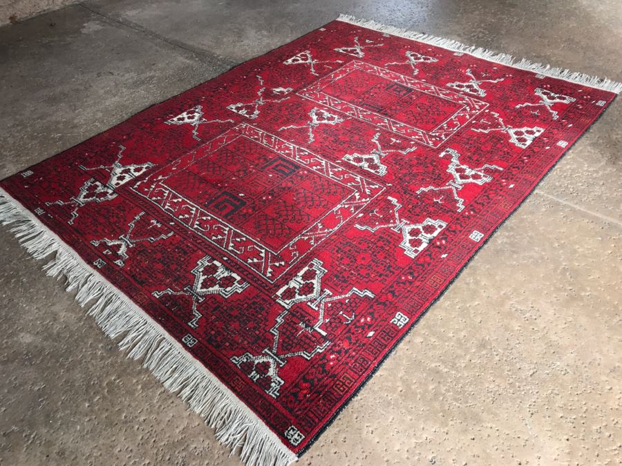 Vintage Hand Knotted Wool Persian Area Rug 7' 5'  X 5' 7' Reds Blacks And Whites [Photo 5]