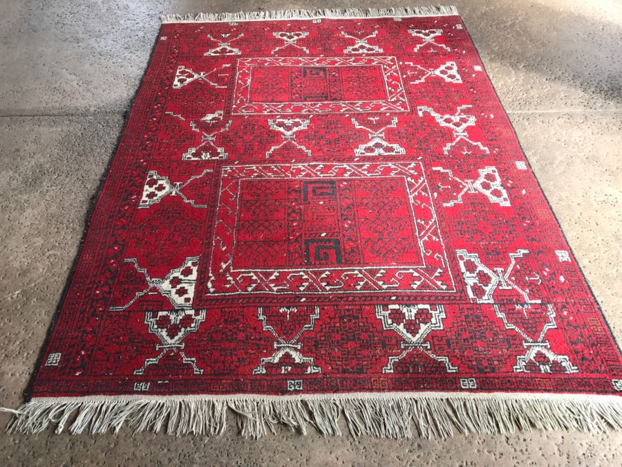 Vintage Hand Knotted Wool Persian Area Rug 7' 5'  X 5' 7' Reds Blacks And Whites [Photo 1]