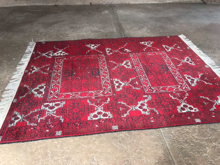 Vintage Hand Knotted Wool Persian Area Rug 7' 5'  X 5' 7' Reds Blacks And Whites [Photo 4]