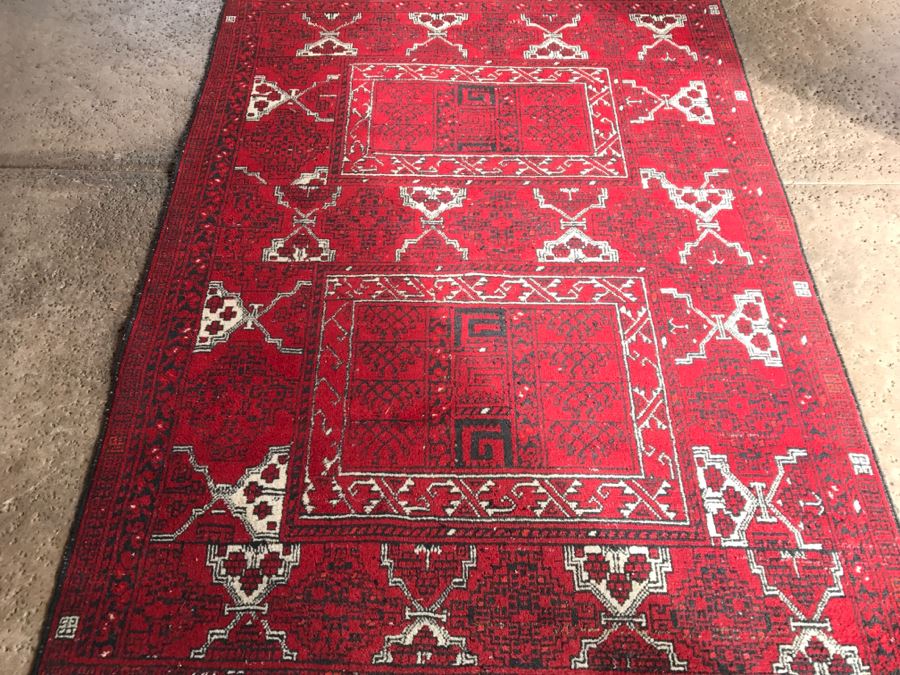 Vintage Hand Knotted Wool Persian Area Rug 7' 5'  X 5' 7' Reds Blacks And Whites [Photo 7]