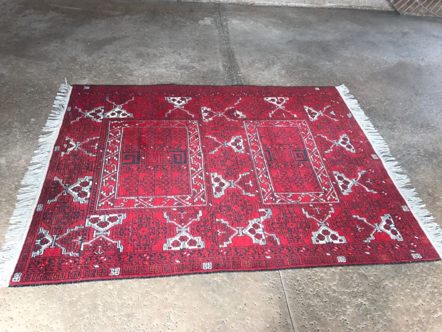 Vintage Hand Knotted Wool Persian Area Rug 7' 5'  X 5' 7' Reds Blacks And Whites [Photo 3]