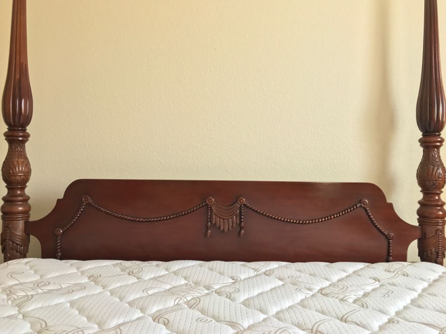 Stunning Mahogany Queen Size Four Poster Bed With Ball And Claw Feet That Converts To Canopy Bed With Like New Sealy Francisco Firm Mattress And Box Spring - Comes With Two Step Ladders On Either Side Of Bed (Guest Bed) [Photo 9]