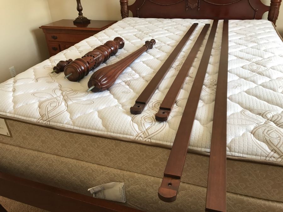 Stunning Mahogany Queen Size Four Poster Bed With Ball And Claw Feet That Converts To Canopy Bed With Like New Sealy Francisco Firm Mattress And Box Spring - Comes With Two Step Ladders On Either Side Of Bed (Guest Bed) [Photo 25]