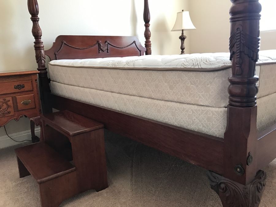 Stunning Mahogany Queen Size Four Poster Bed With Ball And Claw Feet That Converts To Canopy Bed With Like New Sealy Francisco Firm Mattress And Box Spring - Comes With Two Step Ladders On Either Side Of Bed (Guest Bed) [Photo 21]