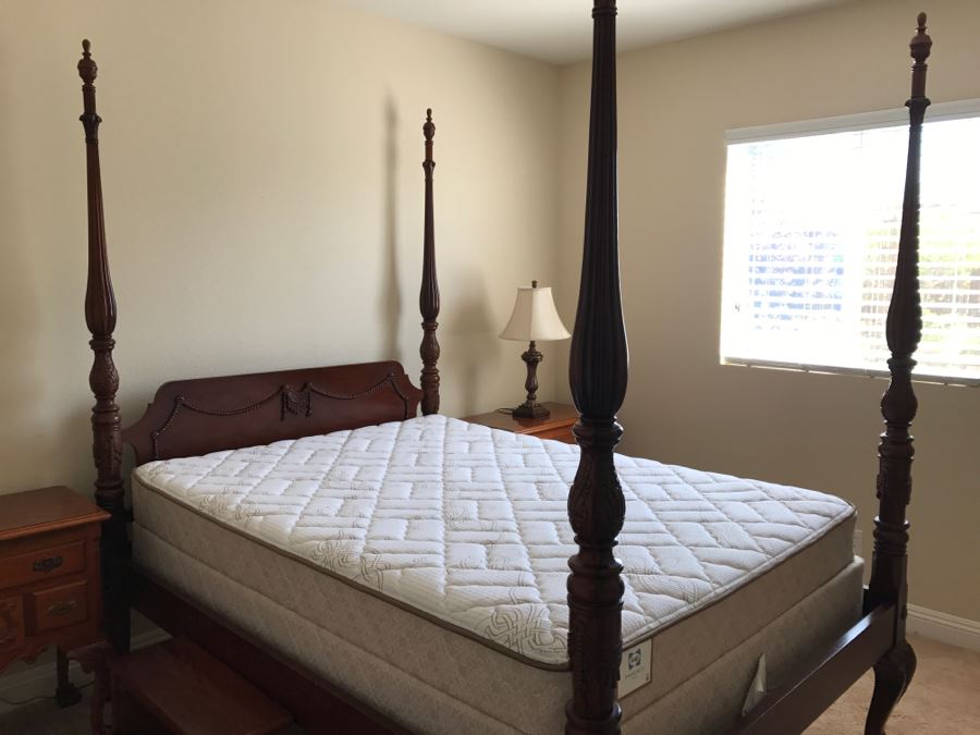 Stunning Mahogany Queen Size Four Poster Bed With Ball And Claw Feet That Converts To Canopy Bed With Like New Sealy Francisco Firm Mattress And Box Spring - Comes With Two Step Ladders On Either Side Of Bed (Guest Bed) [Photo 1]