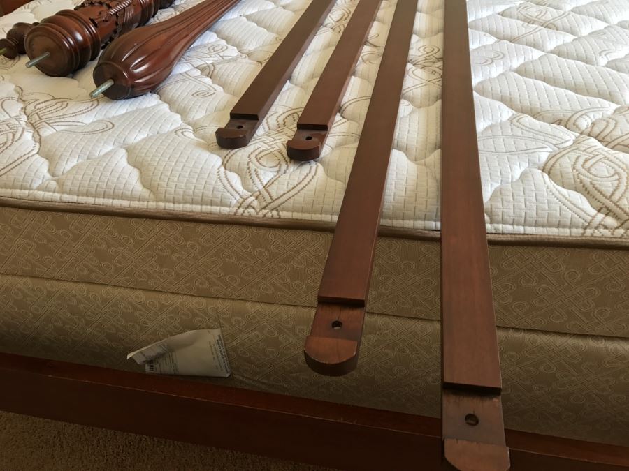 Stunning Mahogany Queen Size Four Poster Bed With Ball And Claw Feet That Converts To Canopy Bed With Like New Sealy Francisco Firm Mattress And Box Spring - Comes With Two Step Ladders On Either Side Of Bed (Guest Bed) [Photo 26]