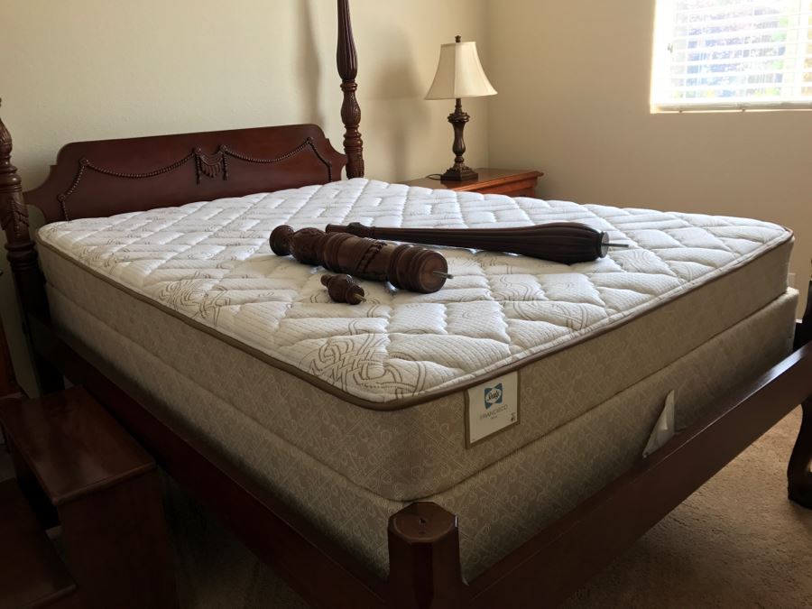 Stunning Mahogany Queen Size Four Poster Bed With Ball And Claw Feet That Converts To Canopy Bed With Like New Sealy Francisco Firm Mattress And Box Spring - Comes With Two Step Ladders On Either Side Of Bed (Guest Bed) [Photo 23]