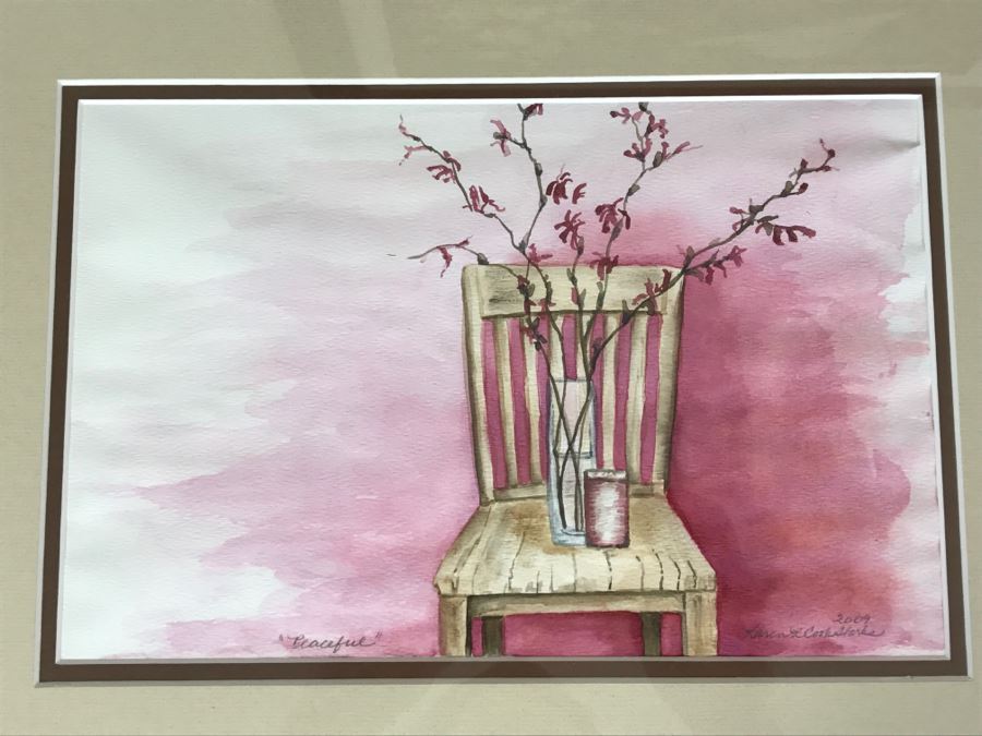 Framed Karen Cook-Starks Watercolor Of Chair With Flower Vase 2009 [Photo 1]