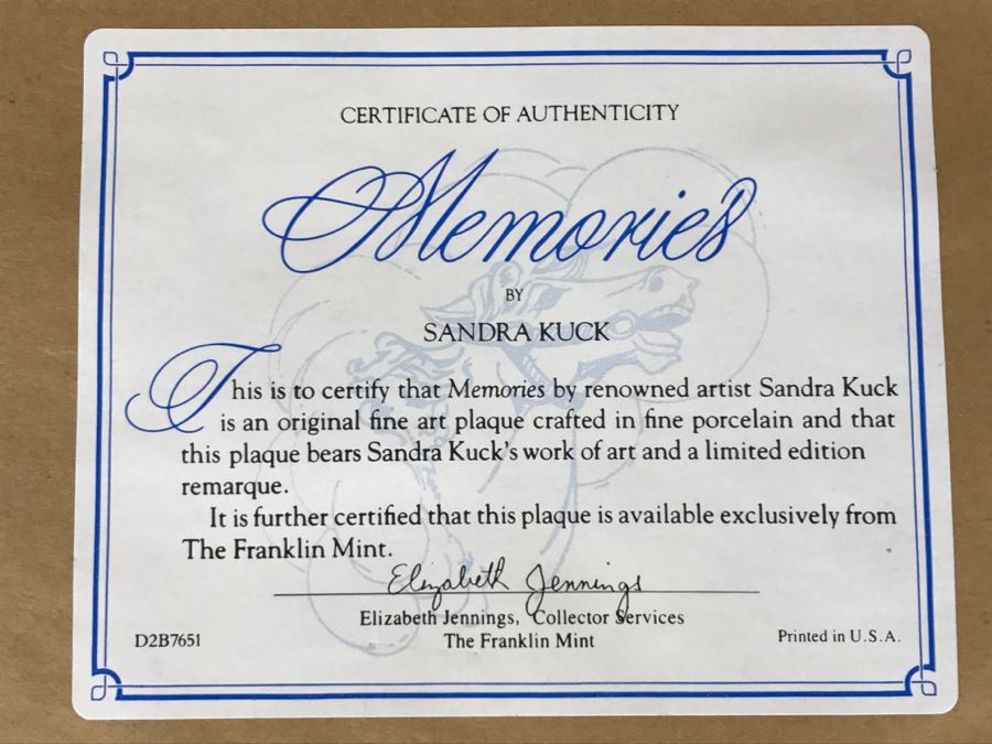 Framed Porcelain Art Plaque Titled 'Memories' By Sandra Kuck The Franklin Mint [Photo 8]