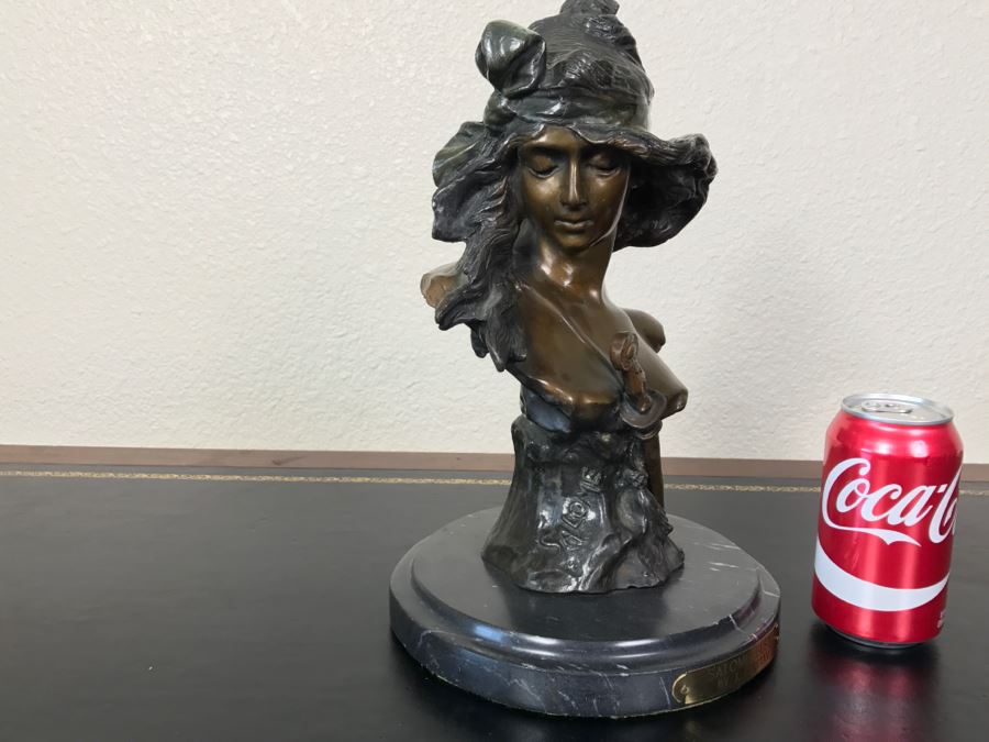 Bronze Sculpture Bust Titled 'Salome' On Marble Base With Brass Label By Alfred Jean Foretay France [Photo 8]