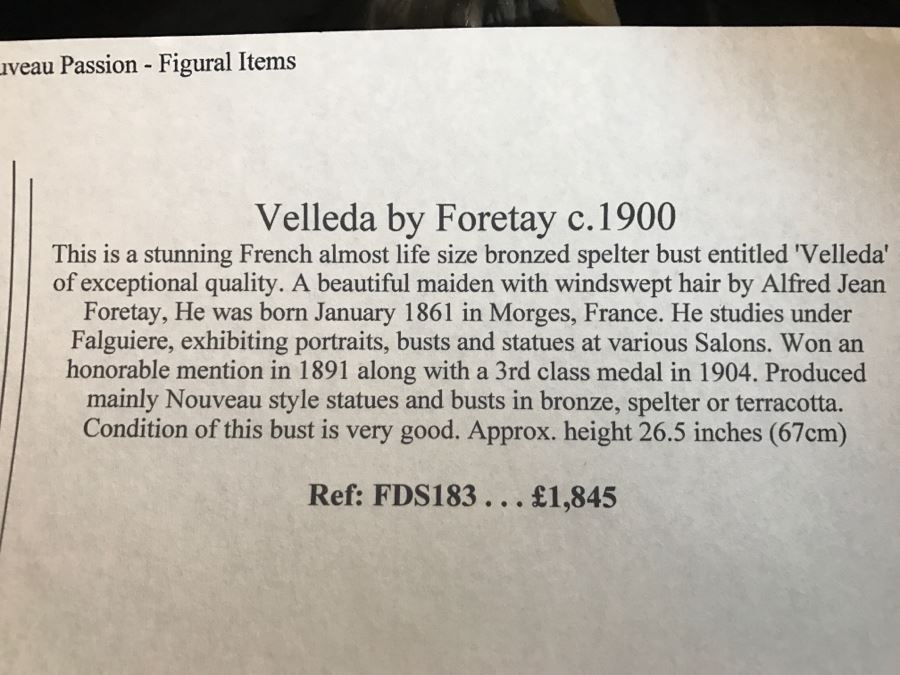 Bronze Sculpture Bust Titled 'Salome' On Marble Base With Brass Label By Alfred Jean Foretay France [Photo 20]