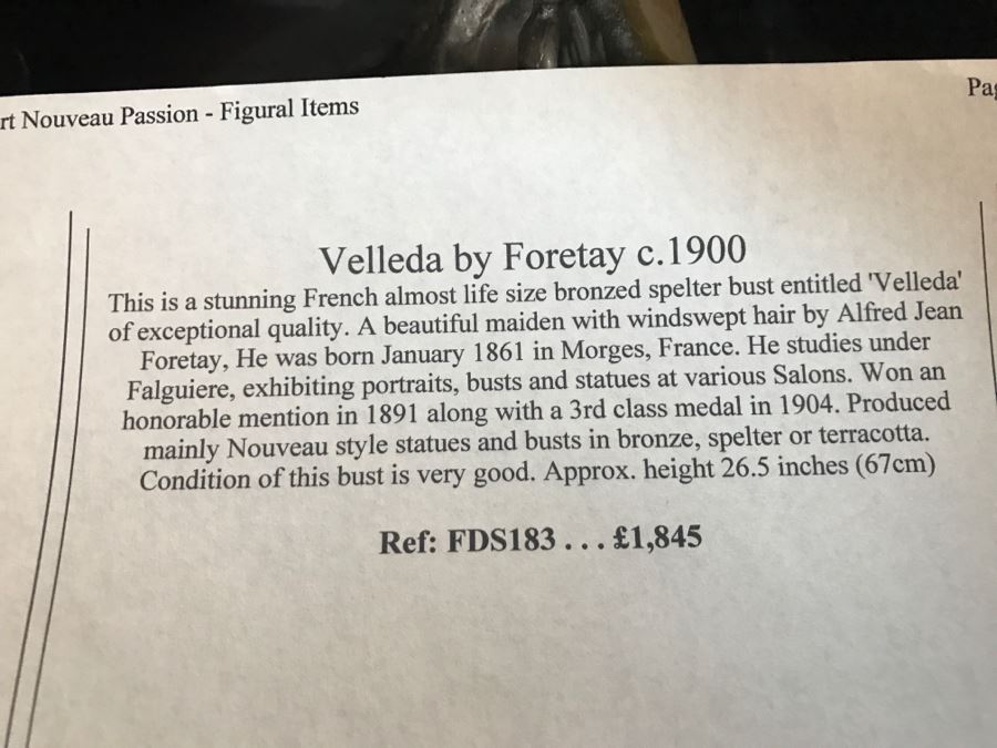 Bronze Sculpture Bust Titled 'Salome' On Marble Base With Brass Label By Alfred Jean Foretay France [Photo 19]