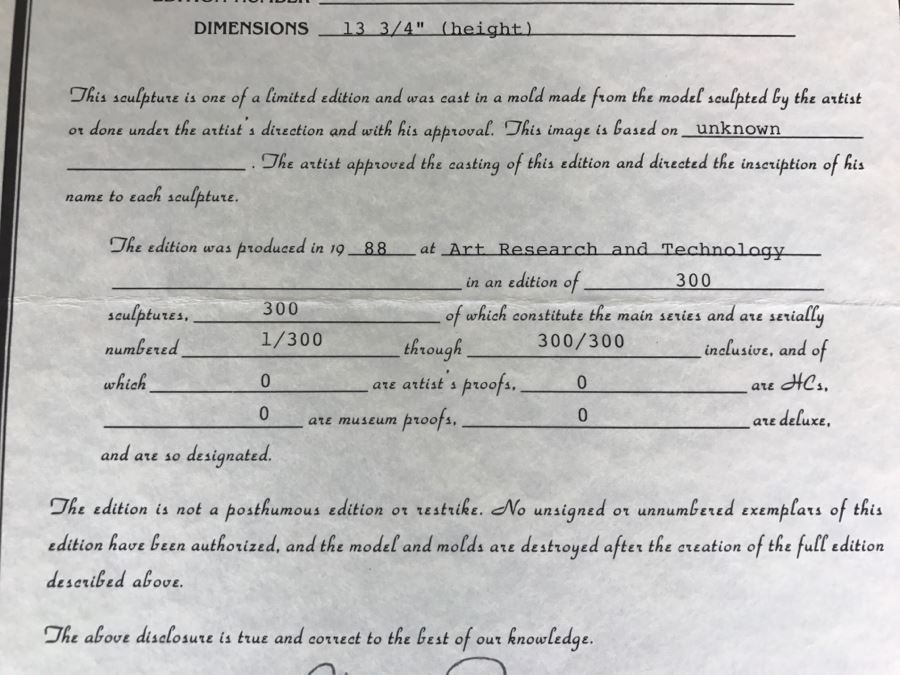 Limited Edition Bronze Sculpture Titled 'Bacchanal' By Rosan 1988 101 Of 300 13 3/4' Tall With COA Estimate $3,000 [Photo 29]