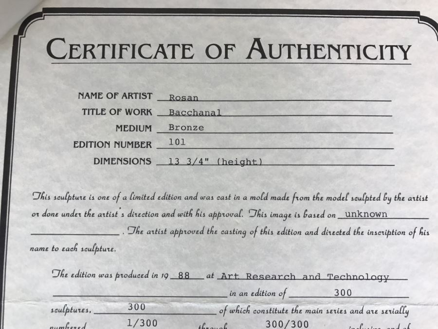 Limited Edition Bronze Sculpture Titled 'Bacchanal' By Rosan 1988 101 Of 300 13 3/4' Tall With COA Estimate $3,000 [Photo 26]