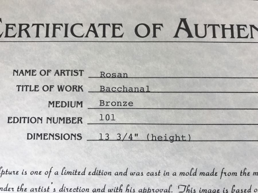 Limited Edition Bronze Sculpture Titled 'Bacchanal' By Rosan 1988 101 Of 300 13 3/4' Tall With COA Estimate $3,000 [Photo 27]