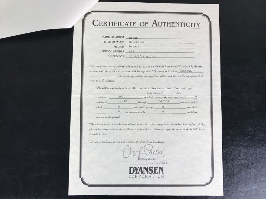 Limited Edition Bronze Sculpture Titled 'Bacchanal' By Rosan 1988 101 Of 300 13 3/4' Tall With COA Estimate $3,000 [Photo 25]