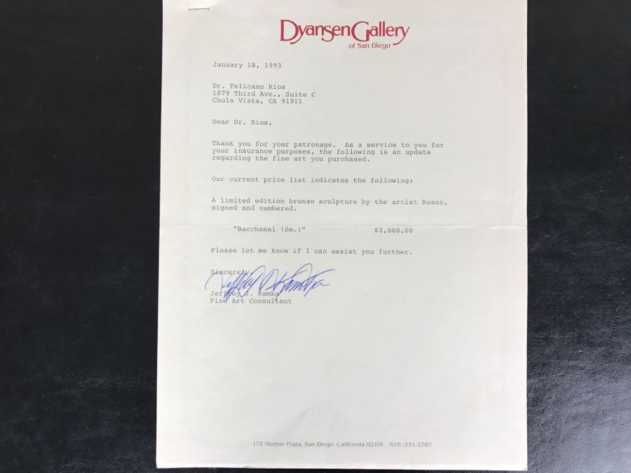 Limited Edition Bronze Sculpture Titled 'Bacchanal' By Rosan 1988 101 Of 300 13 3/4' Tall With COA Estimate $3,000 [Photo 22]