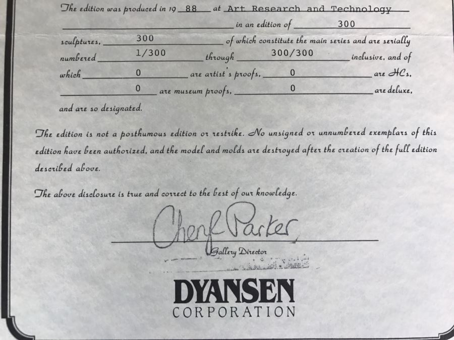 Limited Edition Bronze Sculpture Titled 'Bacchanal' By Rosan 1988 101 Of 300 13 3/4' Tall With COA Estimate $3,000 [Photo 30]