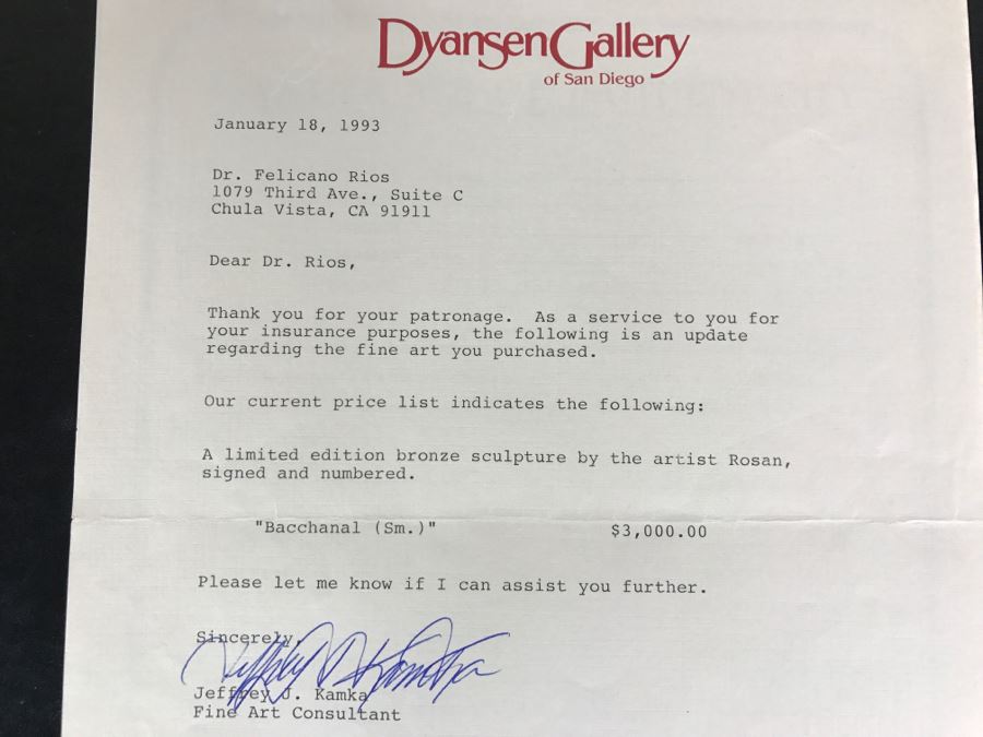 Limited Edition Bronze Sculpture Titled 'Bacchanal' By Rosan 1988 101 Of 300 13 3/4' Tall With COA Estimate $3,000 [Photo 23]