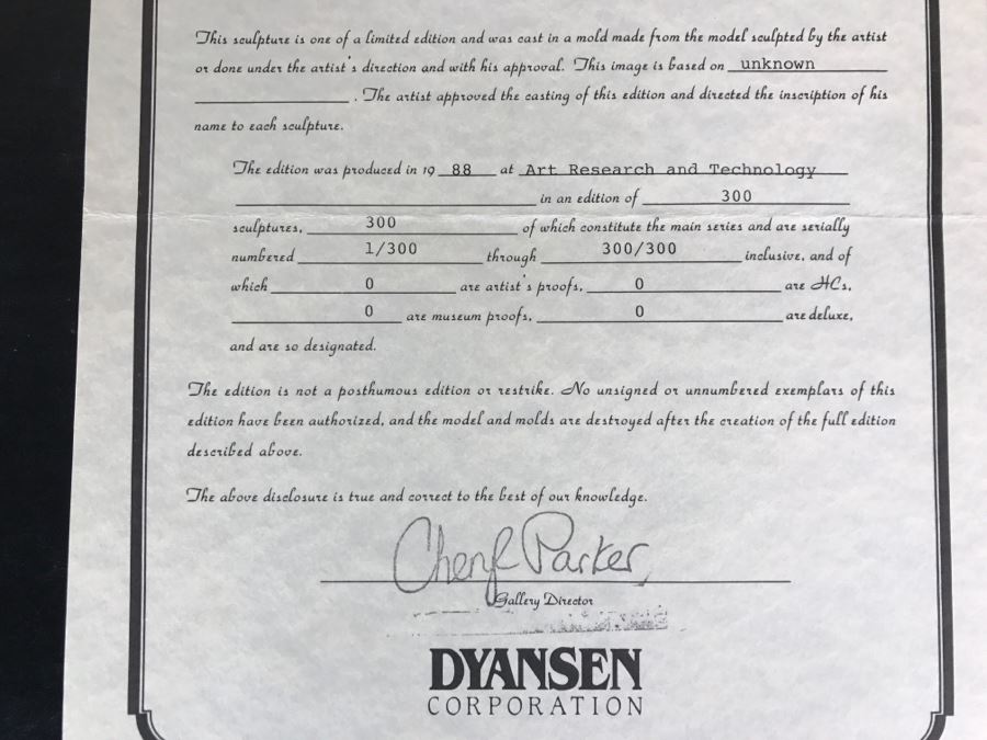 Limited Edition Bronze Sculpture Titled 'Bacchanal' By Rosan 1988 101 Of 300 13 3/4' Tall With COA Estimate $3,000 [Photo 28]